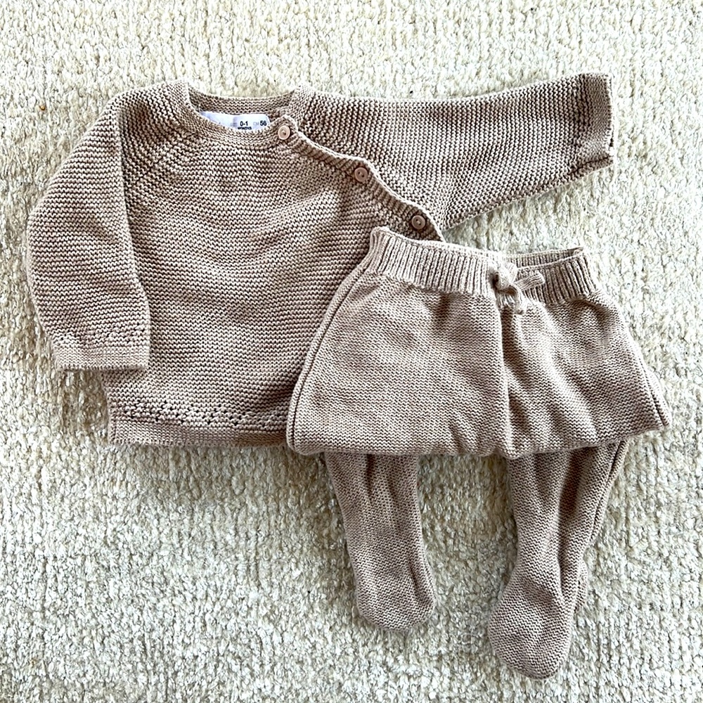 Tan Beige Zara Baby Cotton Knit Sweater and Footed Knit Pants Matching Set